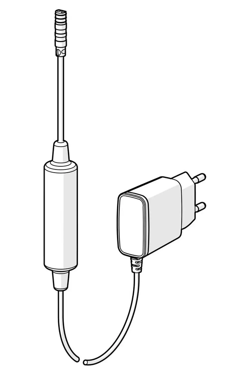 Netzteil von HANSA mit Kabel und Stecker, bestehend aus einem schmalen, zylinderförmigen Element und einem rechteckigen Steckteil für die Wand.